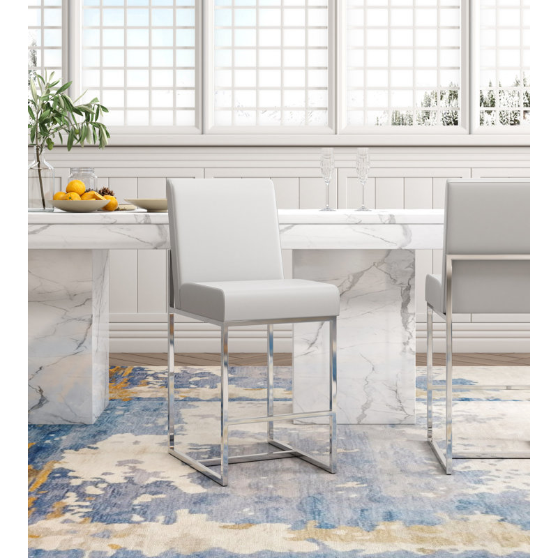 Pearl White Polished Chrome Geometric Counter Stool