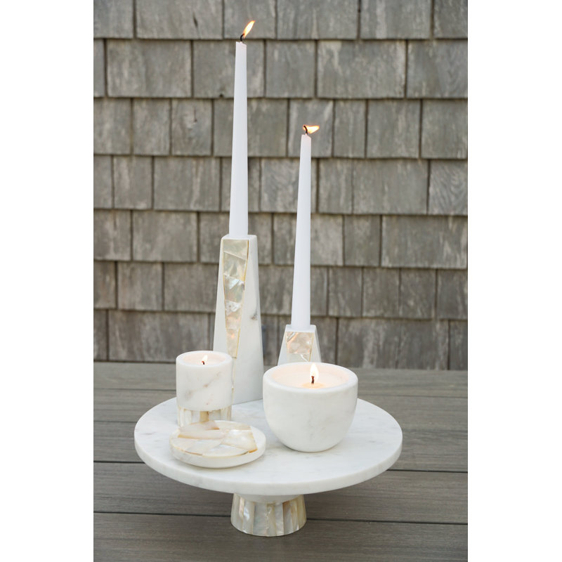 Anaya 8" White Marble & Mother of Pearl Large Candle Holder