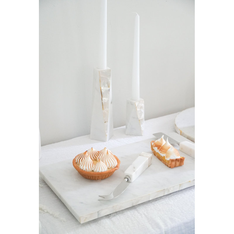 Anaya 8" White Marble & Mother of Pearl Large Candle Holder