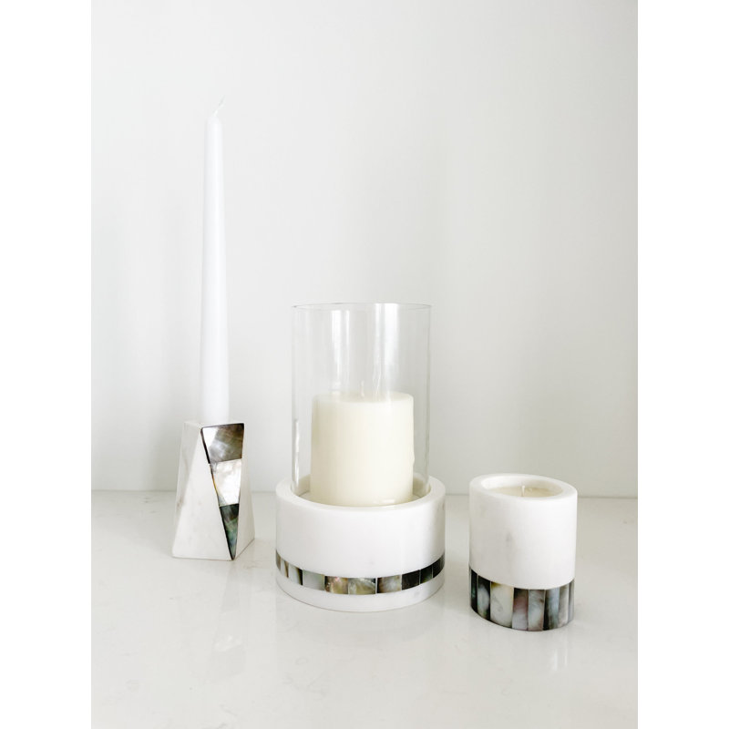 White Marble and Pearl Glass Hurricane Candle Holder