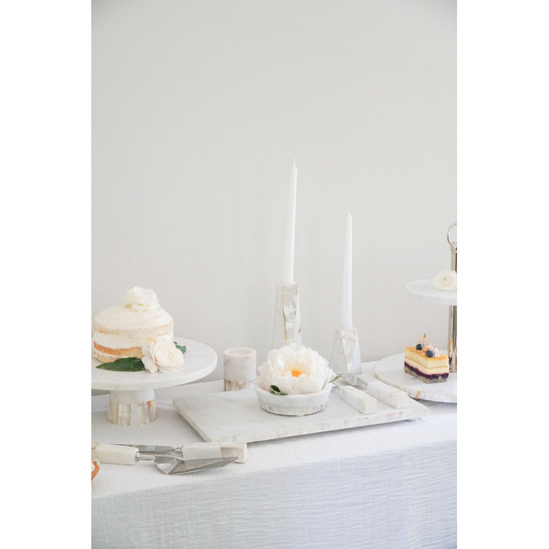 Anaya 8" White Marble & Mother of Pearl Large Candle Holder