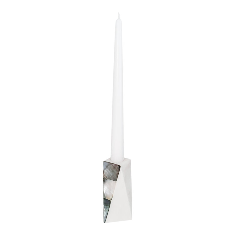 Small White Marble and Grey Mother of Pearl Candle Holder
