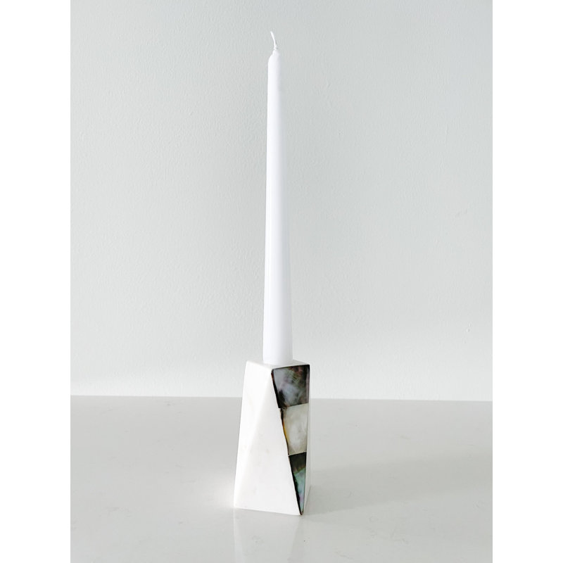 Small White Marble and Grey Mother of Pearl Candle Holder