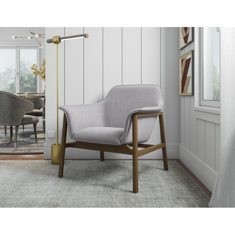 Mid Century Modern Gray Linen and Walnut Wood Accent Chair