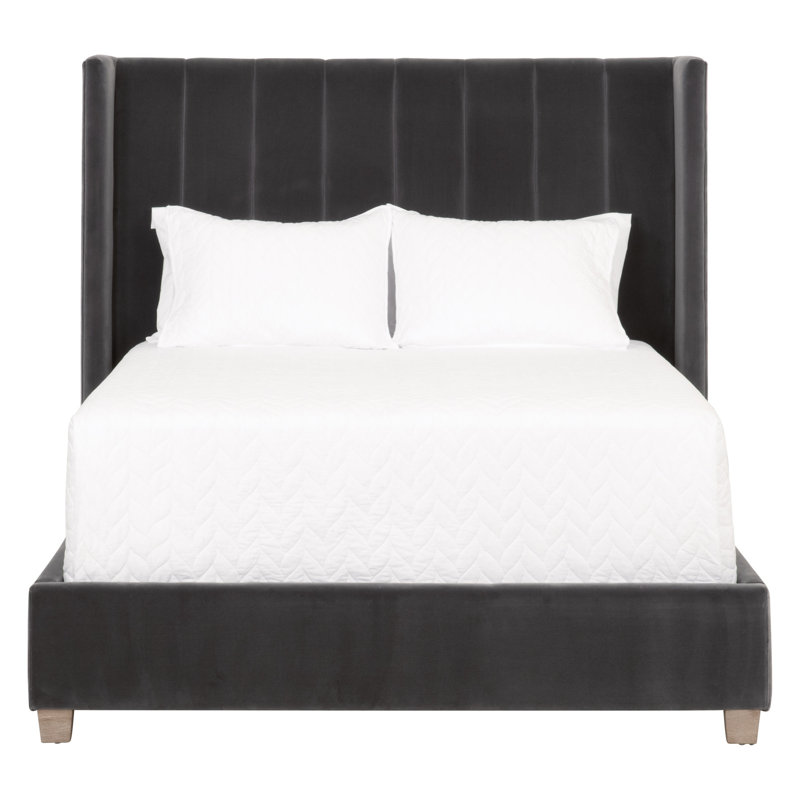 Transitional Dark Gray Velvet King Bed with Oak Accents