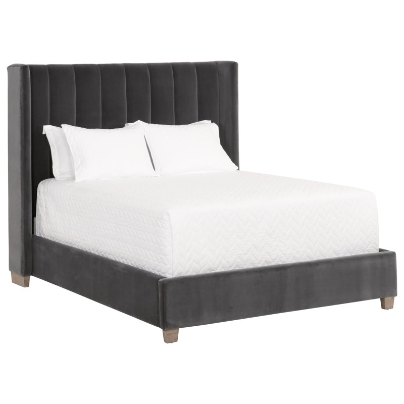 Transitional Dark Gray Velvet King Bed with Oak Accents
