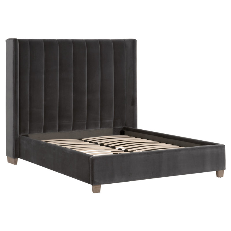 Transitional Dark Gray Velvet King Bed with Oak Accents