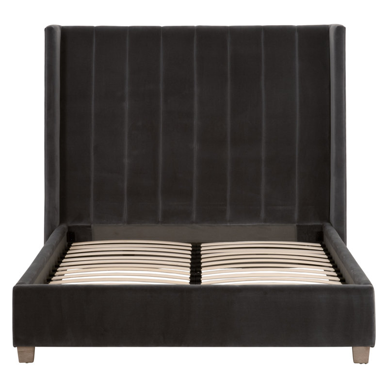Transitional Dark Gray Velvet King Bed with Oak Accents