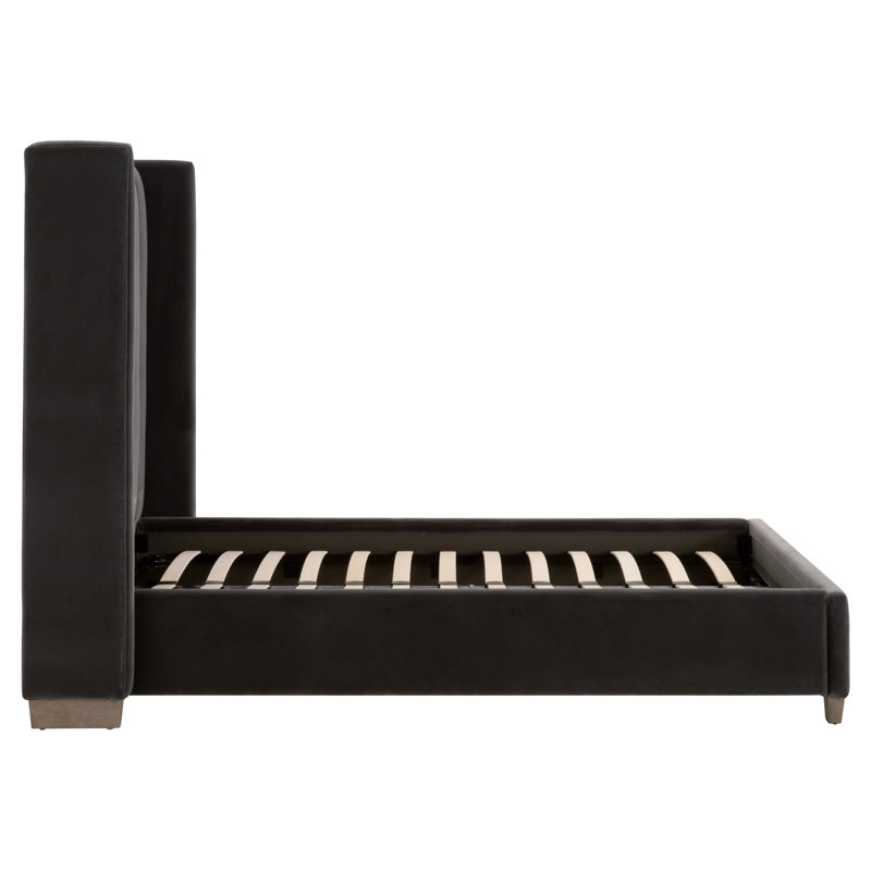 Gray Velvet Upholstered Queen Bed with Oak Frame