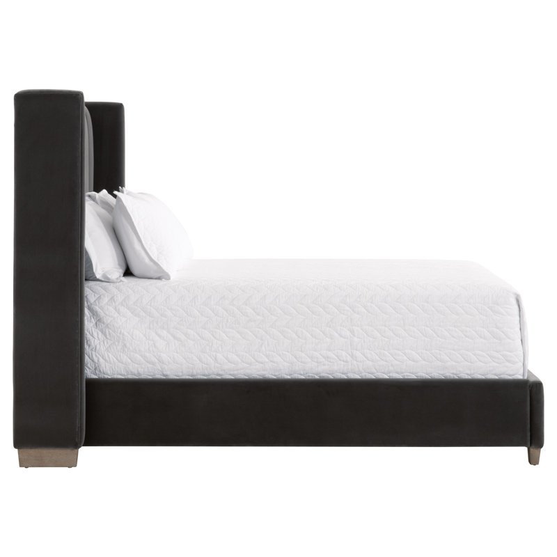 Gray Velvet Upholstered Queen Bed with Oak Frame