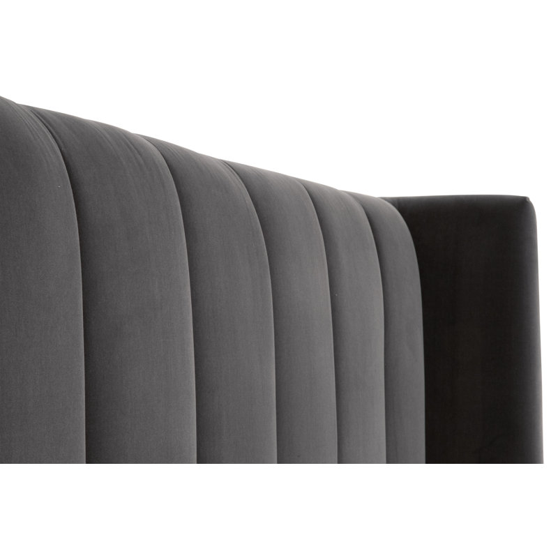Transitional Dark Gray Velvet King Bed with Oak Accents