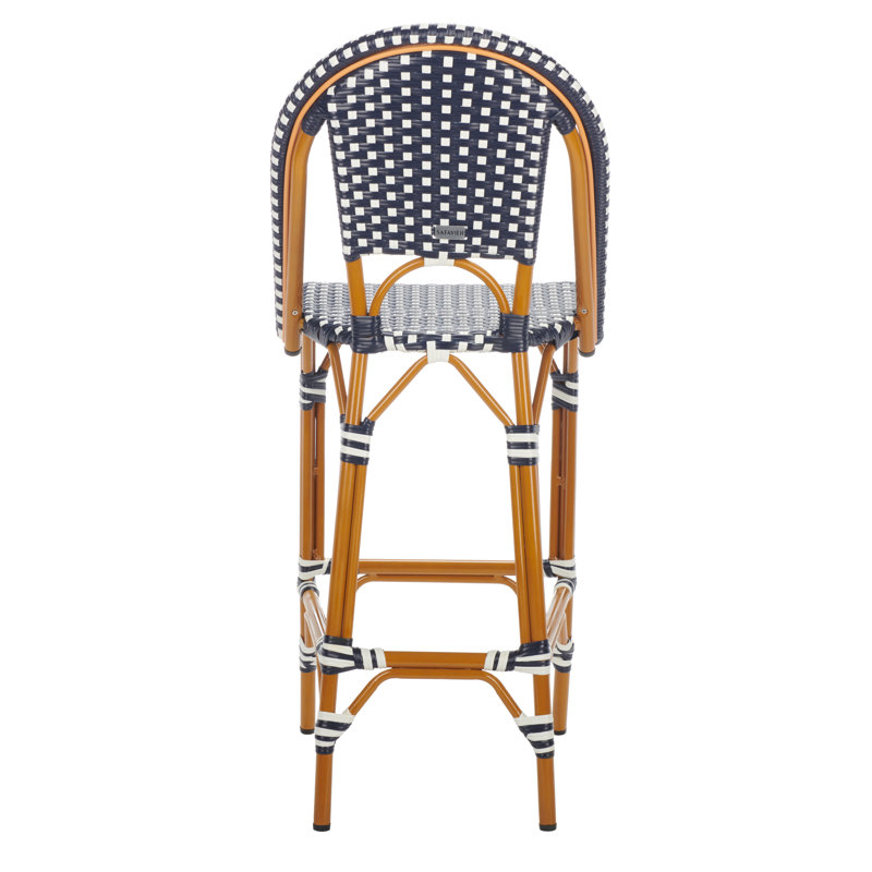 Navy and White Wicker Rattan Outdoor Bar Stool with Aluminum Frame