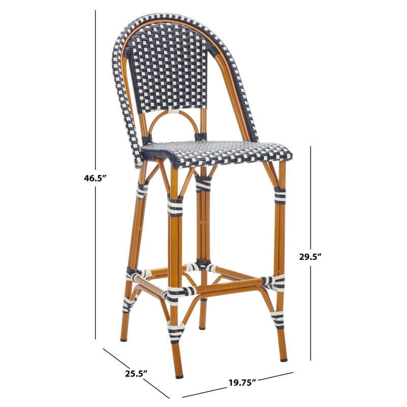 Navy and White Wicker Rattan Outdoor Bar Stool with Aluminum Frame