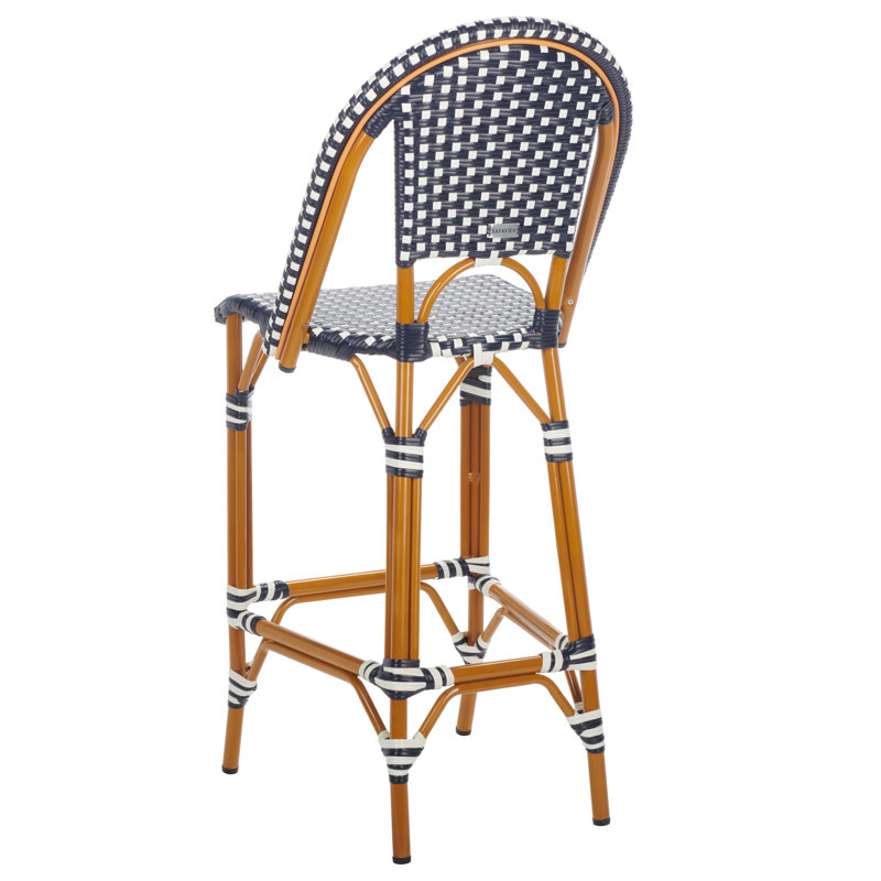Navy and White Wicker Rattan Outdoor Bar Stool with Aluminum Frame