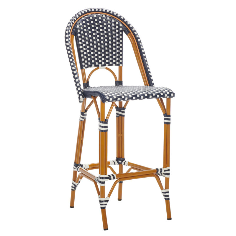 Navy and White Wicker Rattan Outdoor Bar Stool with Aluminum Frame