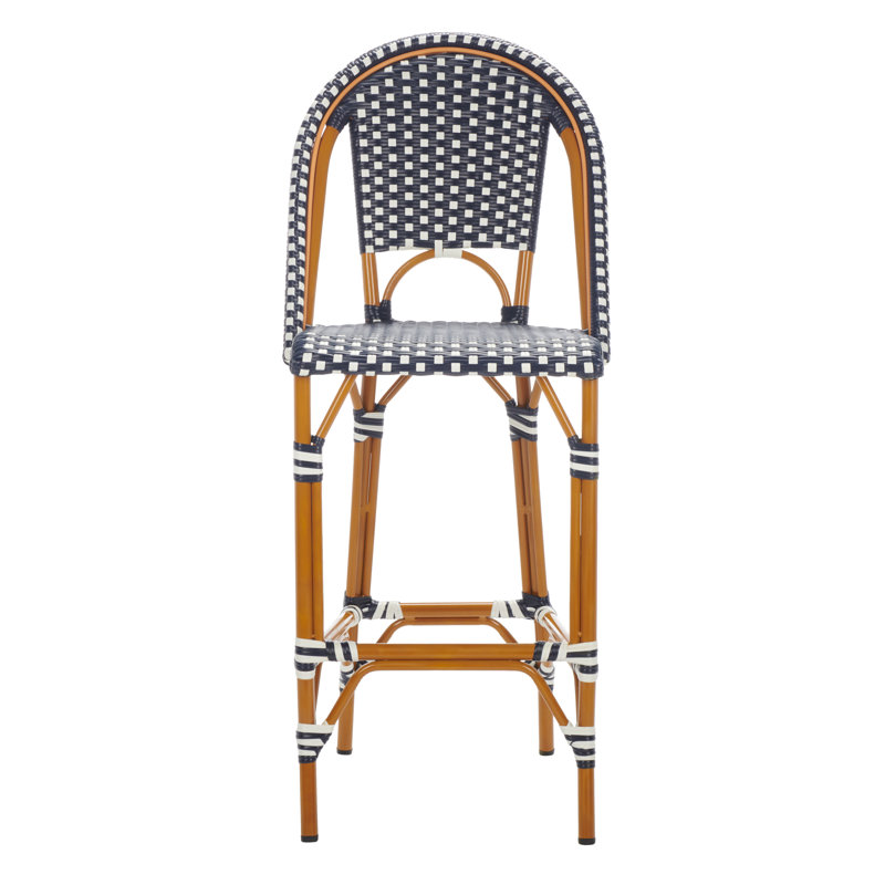Navy and White Wicker Rattan Outdoor Bar Stool with Aluminum Frame
