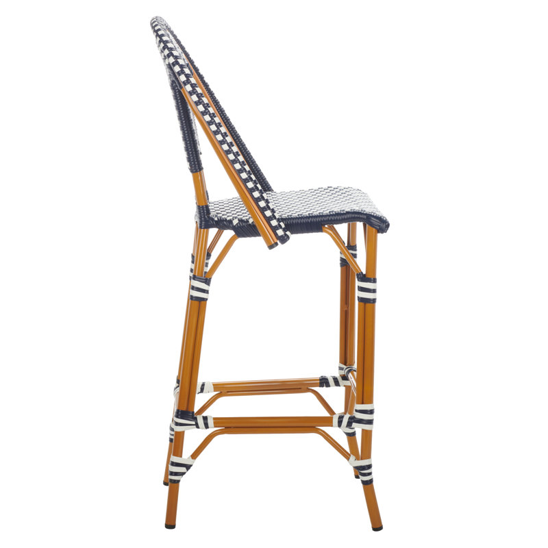 Navy and White Wicker Rattan Outdoor Bar Stool with Aluminum Frame