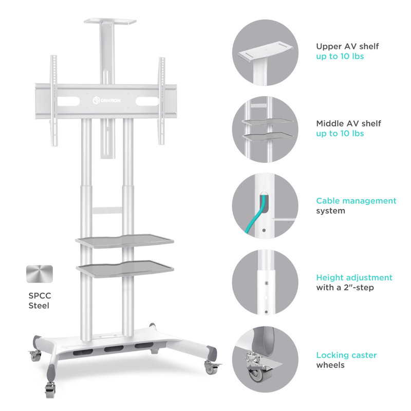 Sleek White Rolling TV Stand for 50" Screens with Adjustable Shelves