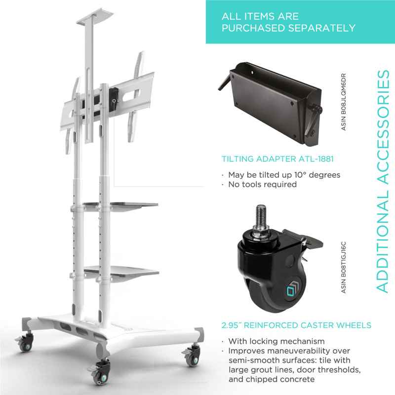 Sleek White Rolling TV Stand for 50" Screens with Adjustable Shelves