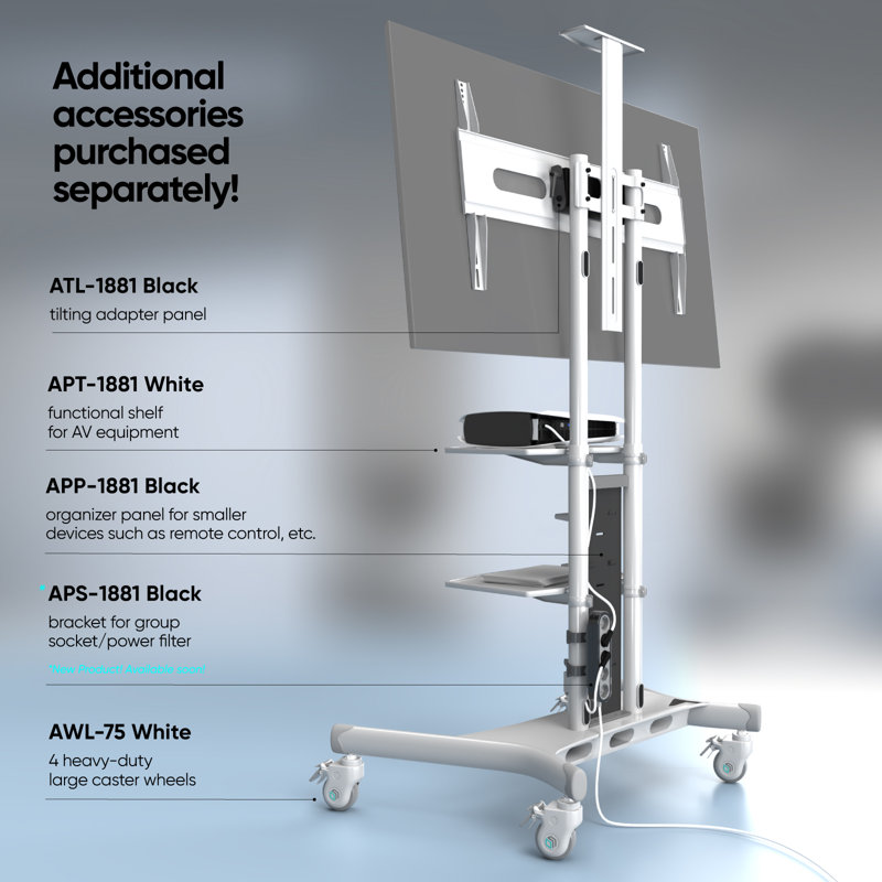 Sleek White Rolling TV Stand for 50" Screens with Adjustable Shelves