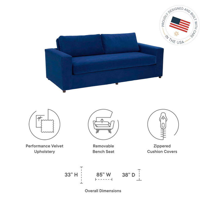 Avendale Luxe Deep Navy Velvet Track Arm Sofa with Bench Cushion