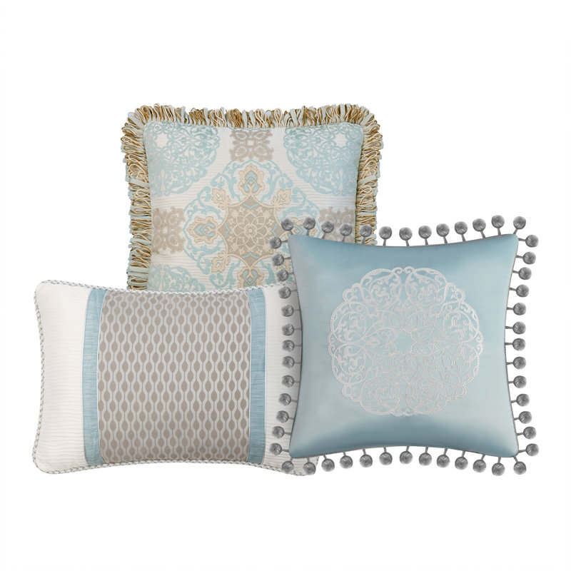Aqua and Beige Embroidered Decorative Pillow Set