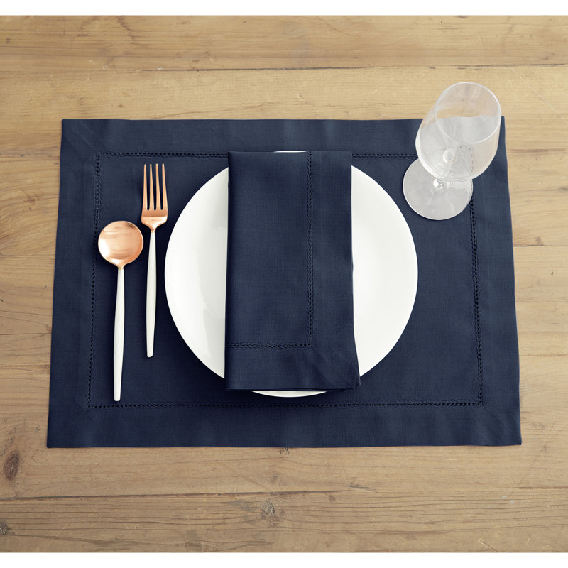 Navy Cotton Linen Hemstitch Dinner Napkins Set of 4