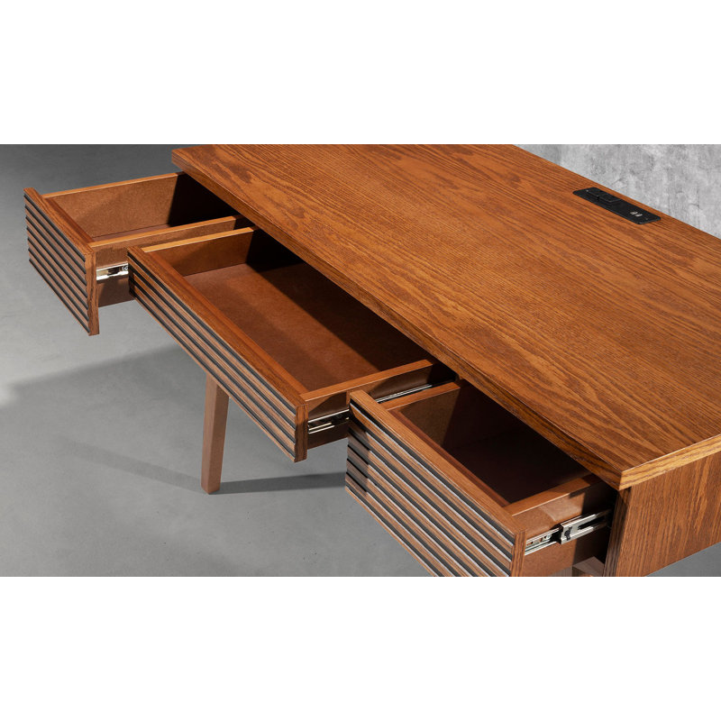Honey Oak Mid-Century Modern Writing Desk with Drawers