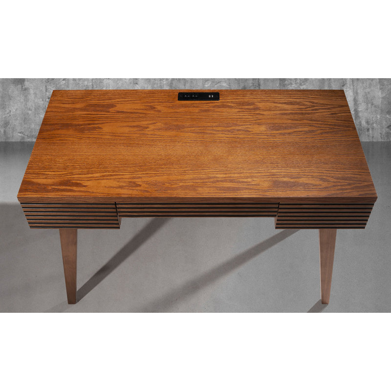 Honey Oak Mid-Century Modern Writing Desk with Drawers