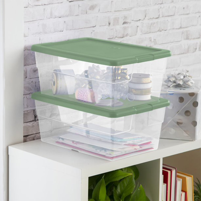 Sterilite 16 Quart Clear Plastic Storage Totes with Green Lids, 4 Pack