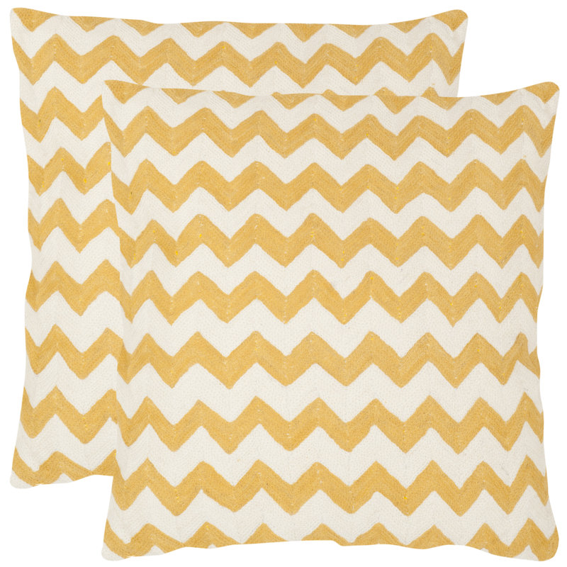 Mustard and Beige Embroidered Cotton Canvas Throw Pillows, Set of 2