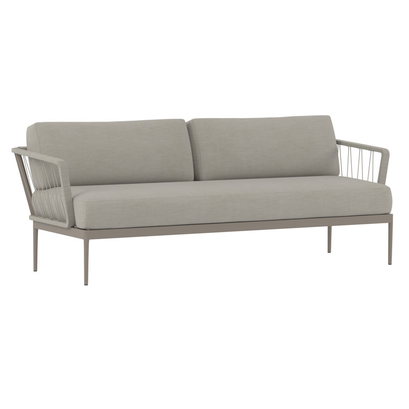 Gray Wicker and Metal Outdoor Sofa with Taupe Cushions