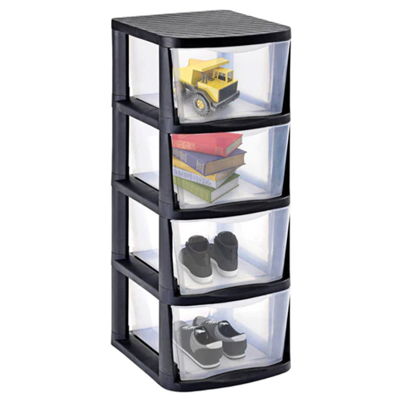 Clear Plastic 4-Drawer Storage Tower with Black Frame