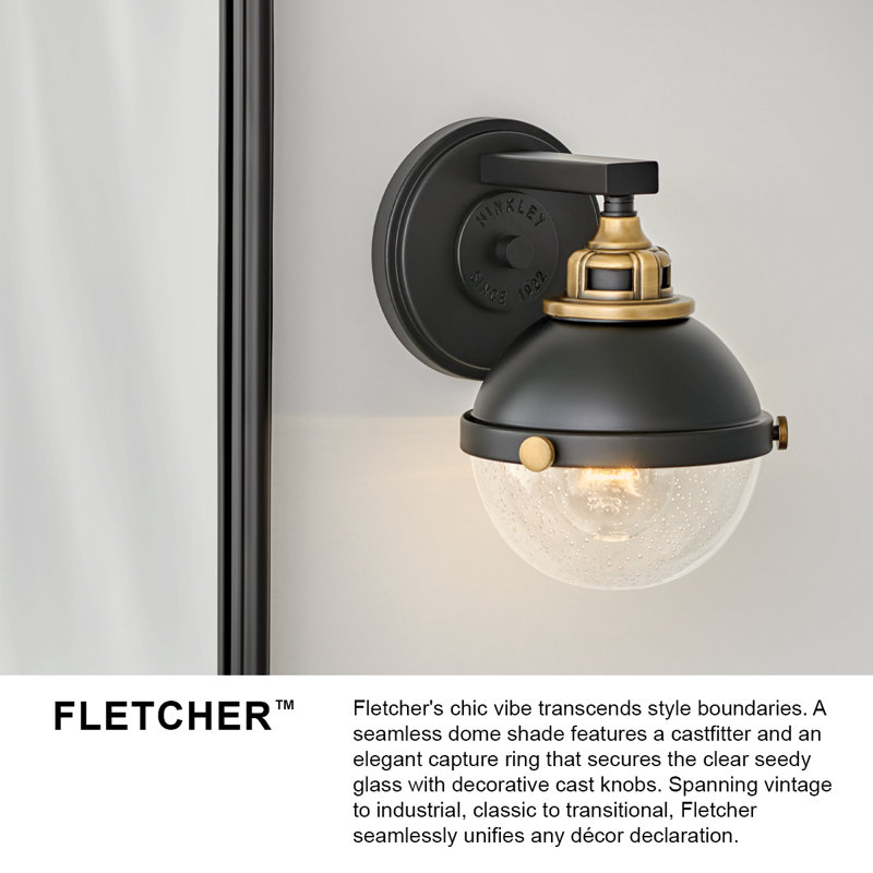 Hinkley Fletcher 1-Light Black/Chrome Outdoor Vanity Sconce with Clear Seedy Glass