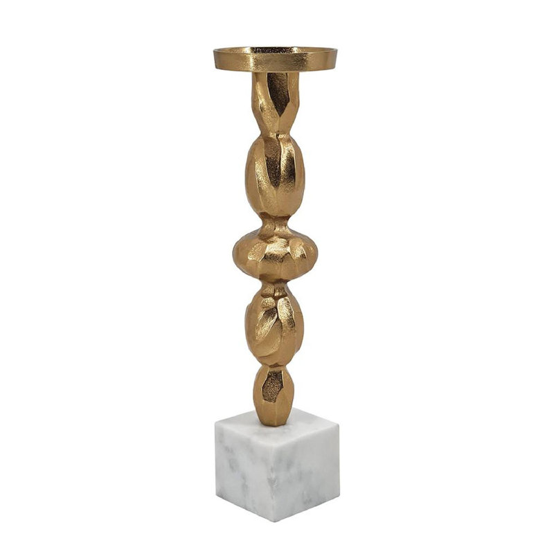 Gold and White Marble Aluminum Pillar Candle Holder