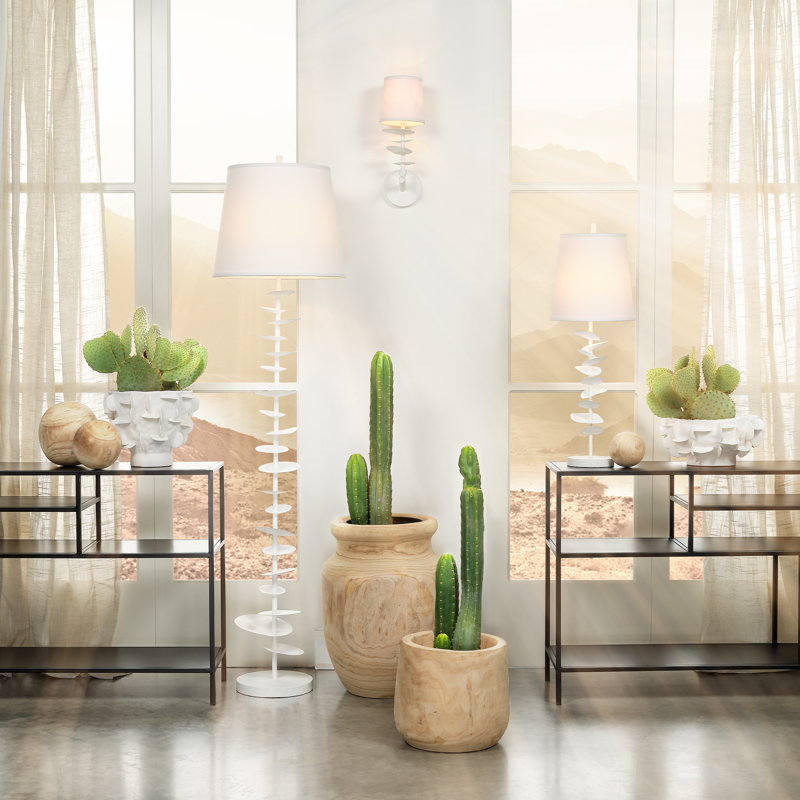 White Textured Cement Sconce with Linen Shade