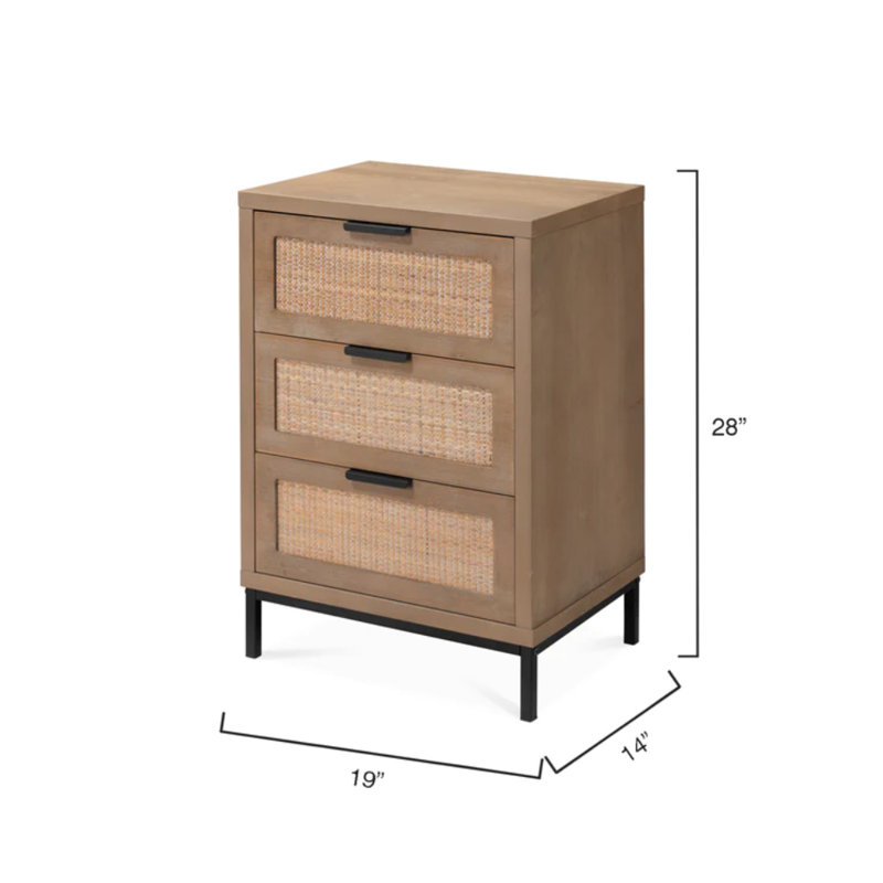 Coastal Charm 3-Drawer Wood & Iron Side Table with Rattan Accents