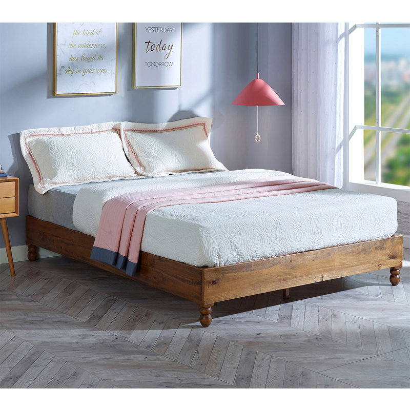 Rustic Pine Teak Finish King Bed Frame with Headboard and Drawers