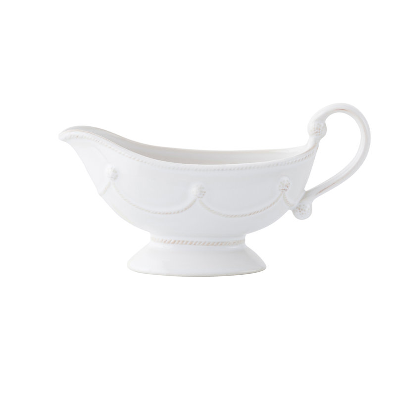 White Ceramic Twisted Cord Trim Gravy Server with Stand