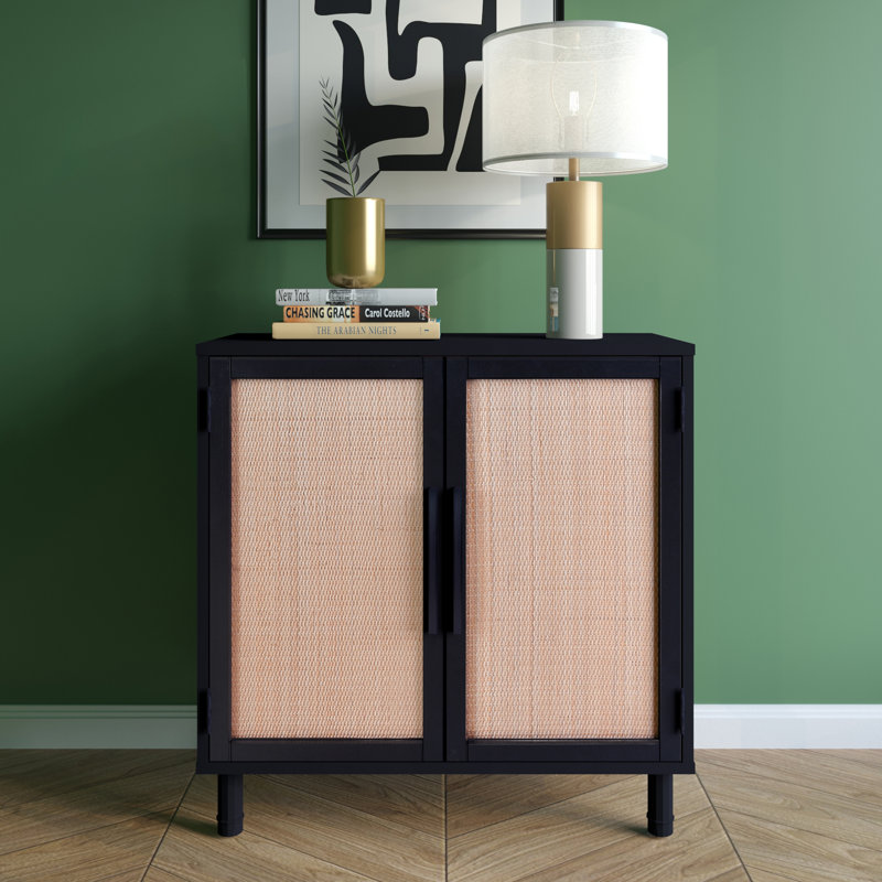 Delancey Boho-Modern Black/Brown Rattan 2-Door Storage Cabinet