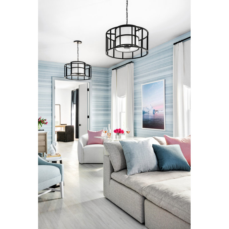 Sleek Matte Black and White Silk Drum Chandelier with 5 Lights