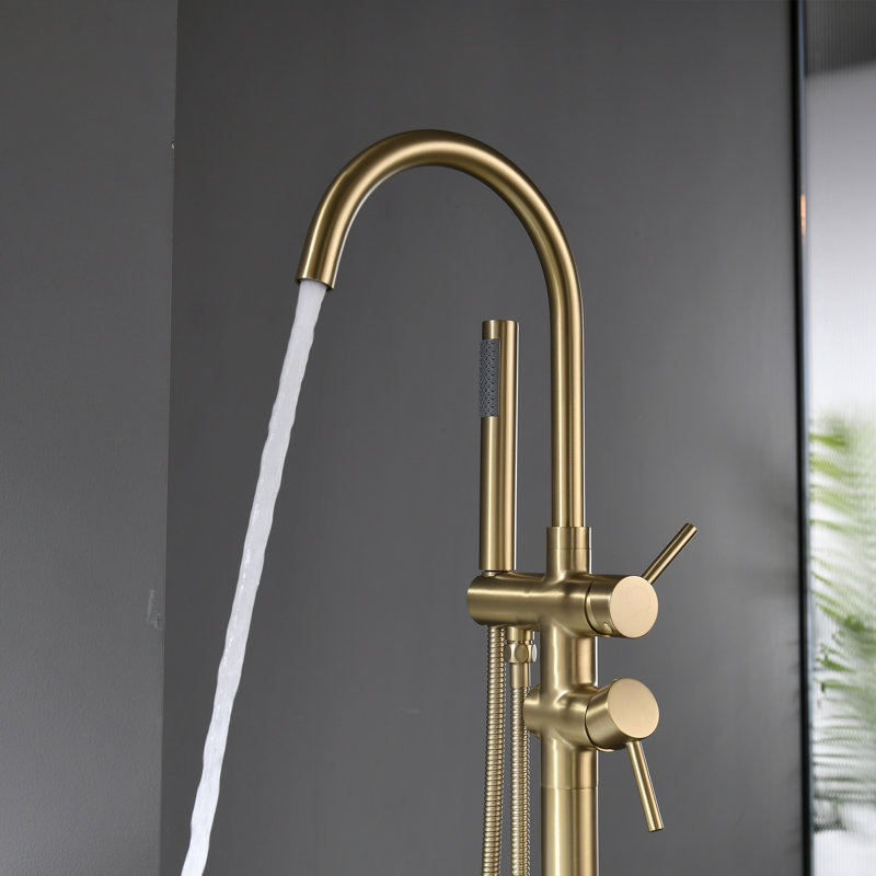 Brushed Gold Double Handle Floor Mount Tub Filler