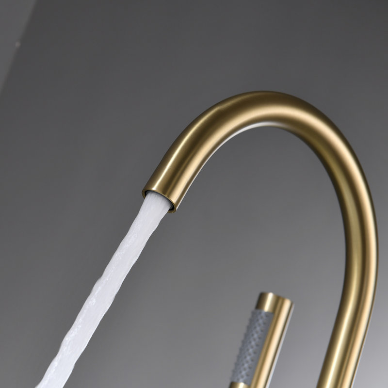 Brushed Gold Double Handle Floor Mount Tub Filler