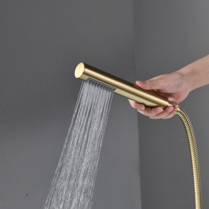 Brushed Gold Double Handle Floor Mount Tub Filler