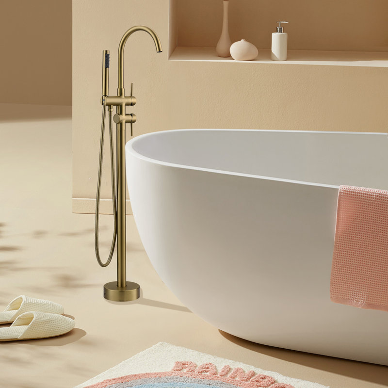 Brushed Gold Double Handle Floor Mount Tub Filler