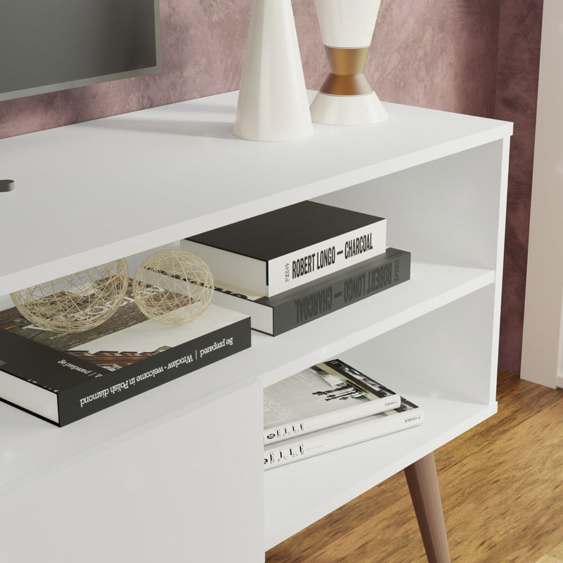 White Modern TV Stand with Shelves and Door for 65 Inch TVs