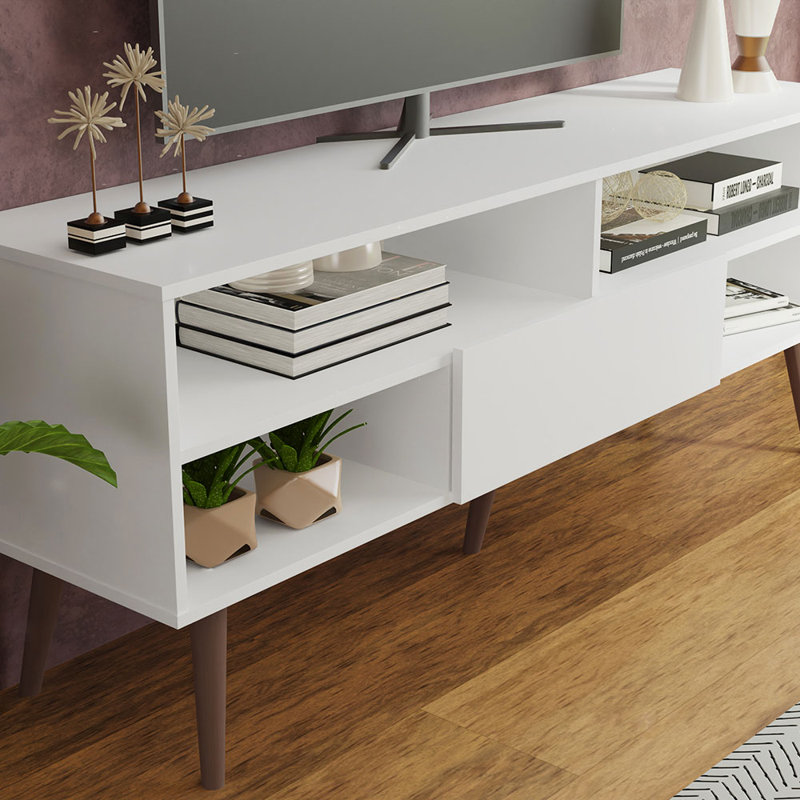 White Modern TV Stand with Shelves and Door for 65 Inch TVs