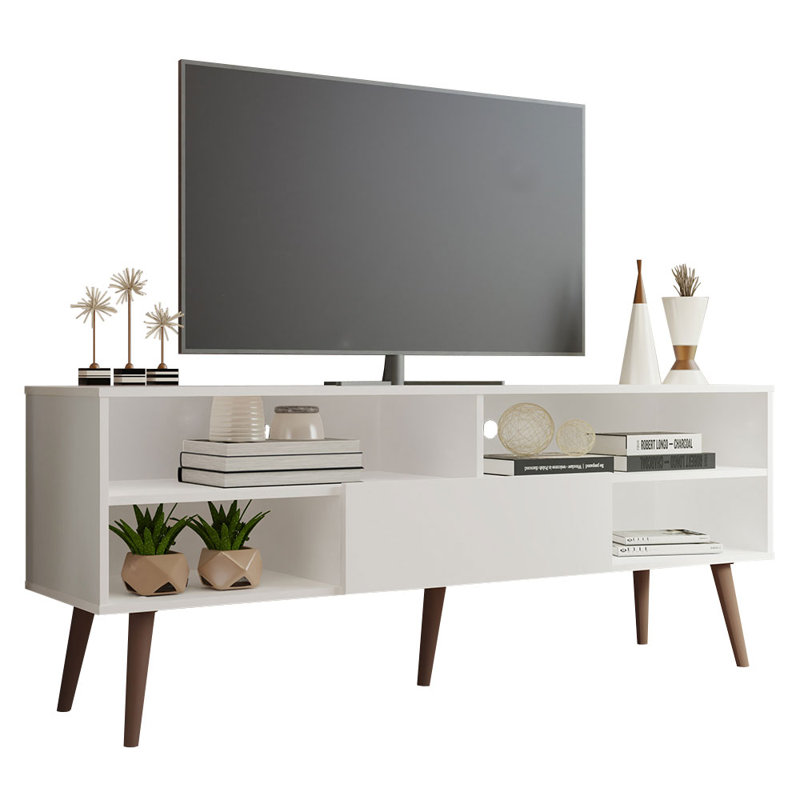 White Modern TV Stand with Shelves and Door for 65 Inch TVs