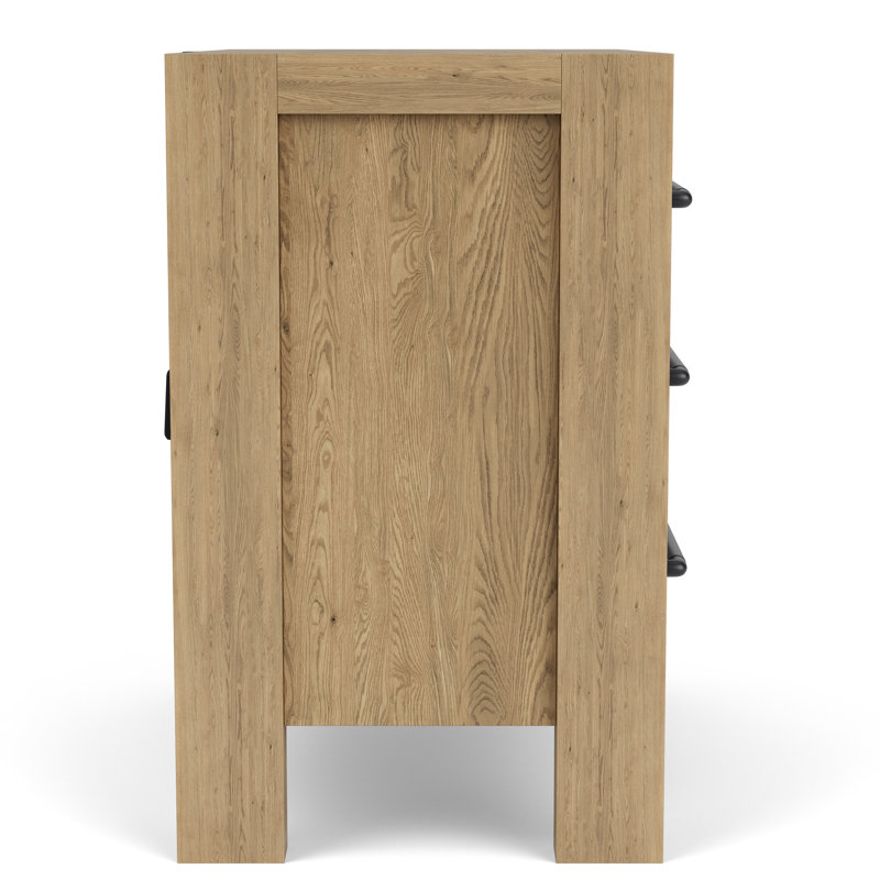 Pale Oak 3-Drawer Nightstand with Black Metal Handles