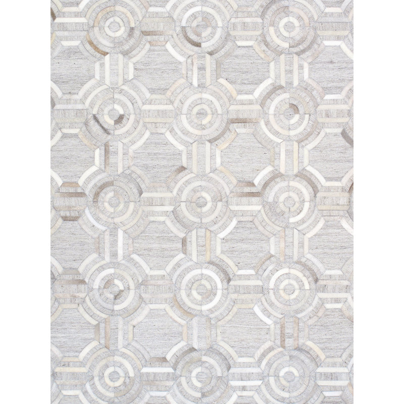 Handmade Geometric Gray Cowhide & Silk 5' x 8' Area Rug